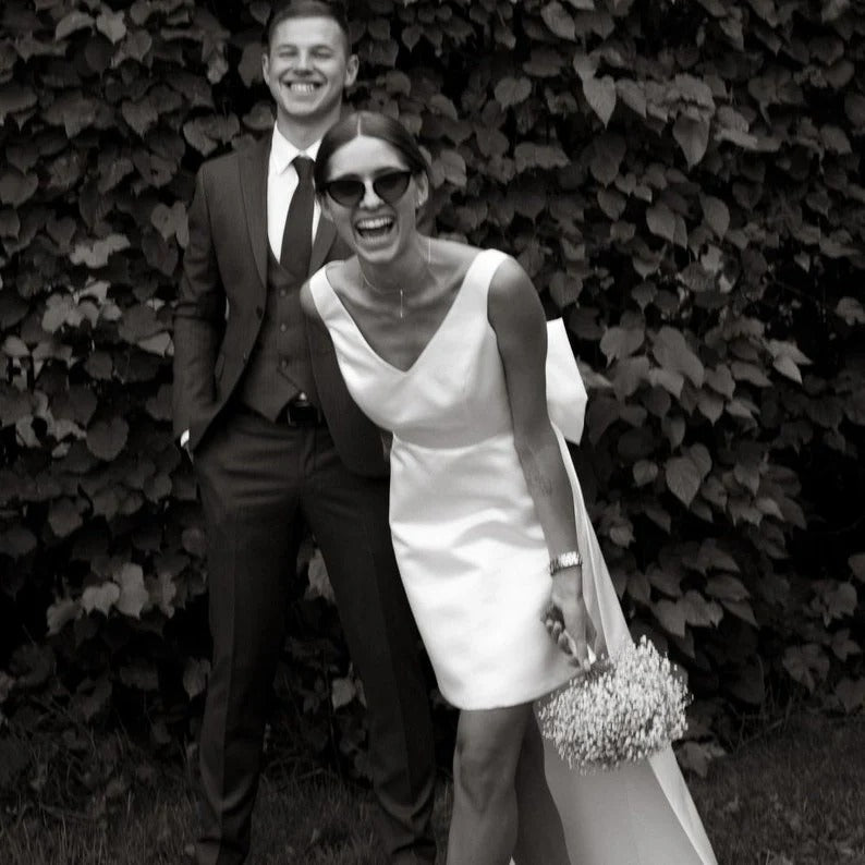 Minimalist Short Wedding Dress Satin V-Neck With Bow Back - MyChicDress