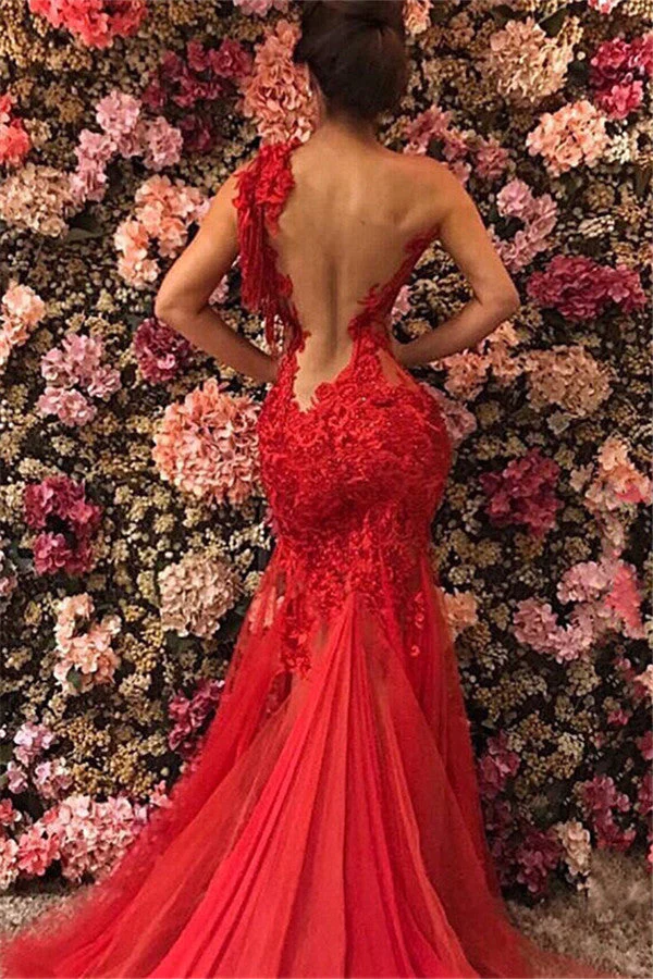 See Through Lace Red Prom Dresses One Shoulder Evening Gown MyChicDress