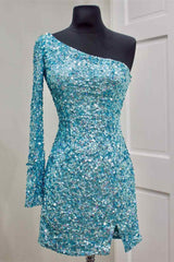 Vestido de baile de lantejoulas preto 2024, minivestido curto de um ombro com mangas