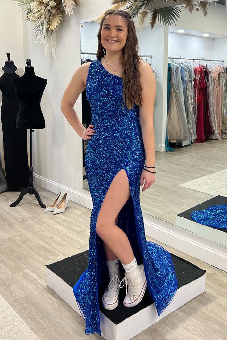 Sequin Prom Dresses 2025 Long One Shouder Evening Dress Royal Blue MyChicDress