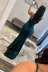 Sequin Long Prom Dress Dark Green Straps Mermaid Formal Gown - MyChicDress