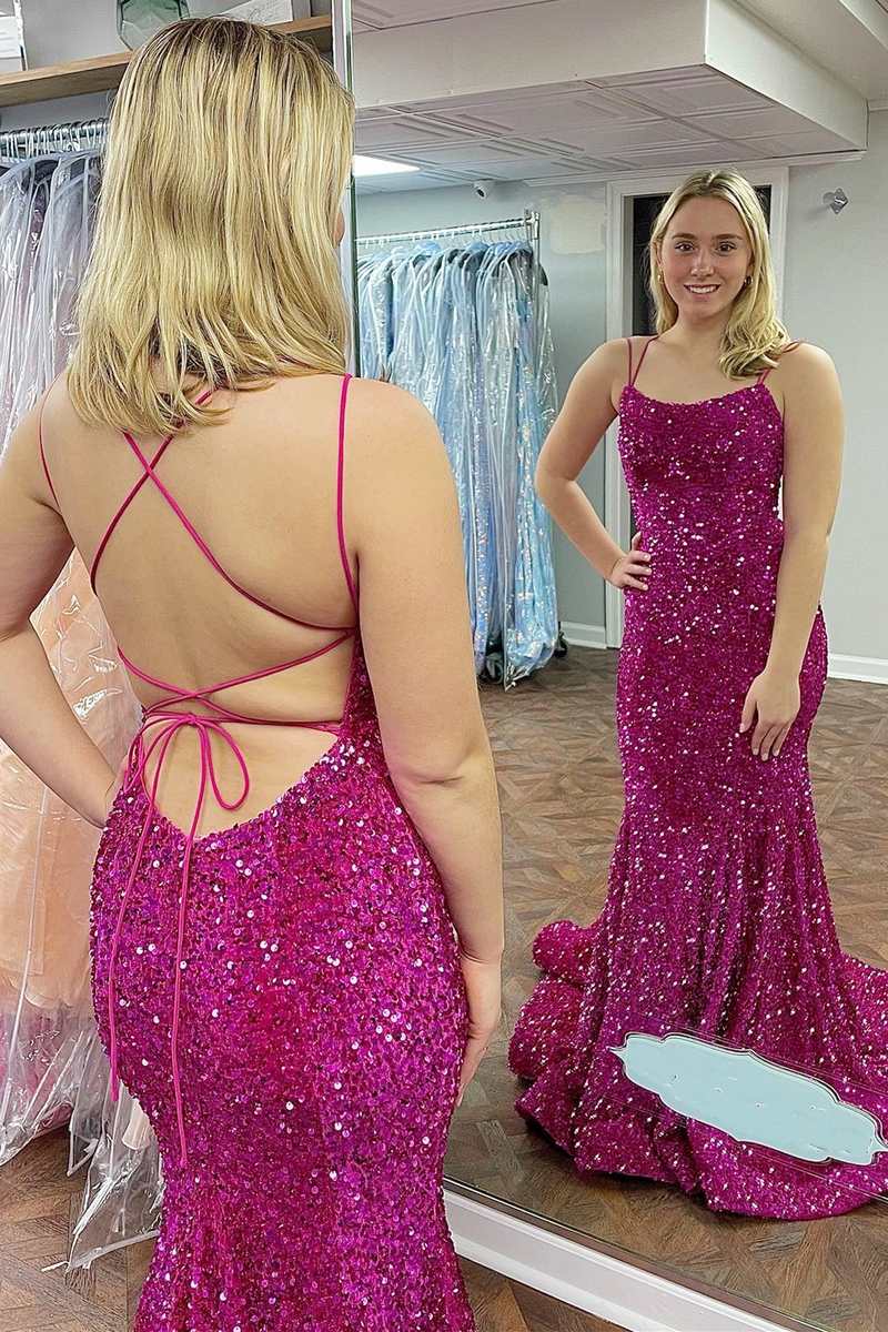 Sequin Purple Prom Dress Mermaid Long Formal Dress Scoop Neck - MyChicDress