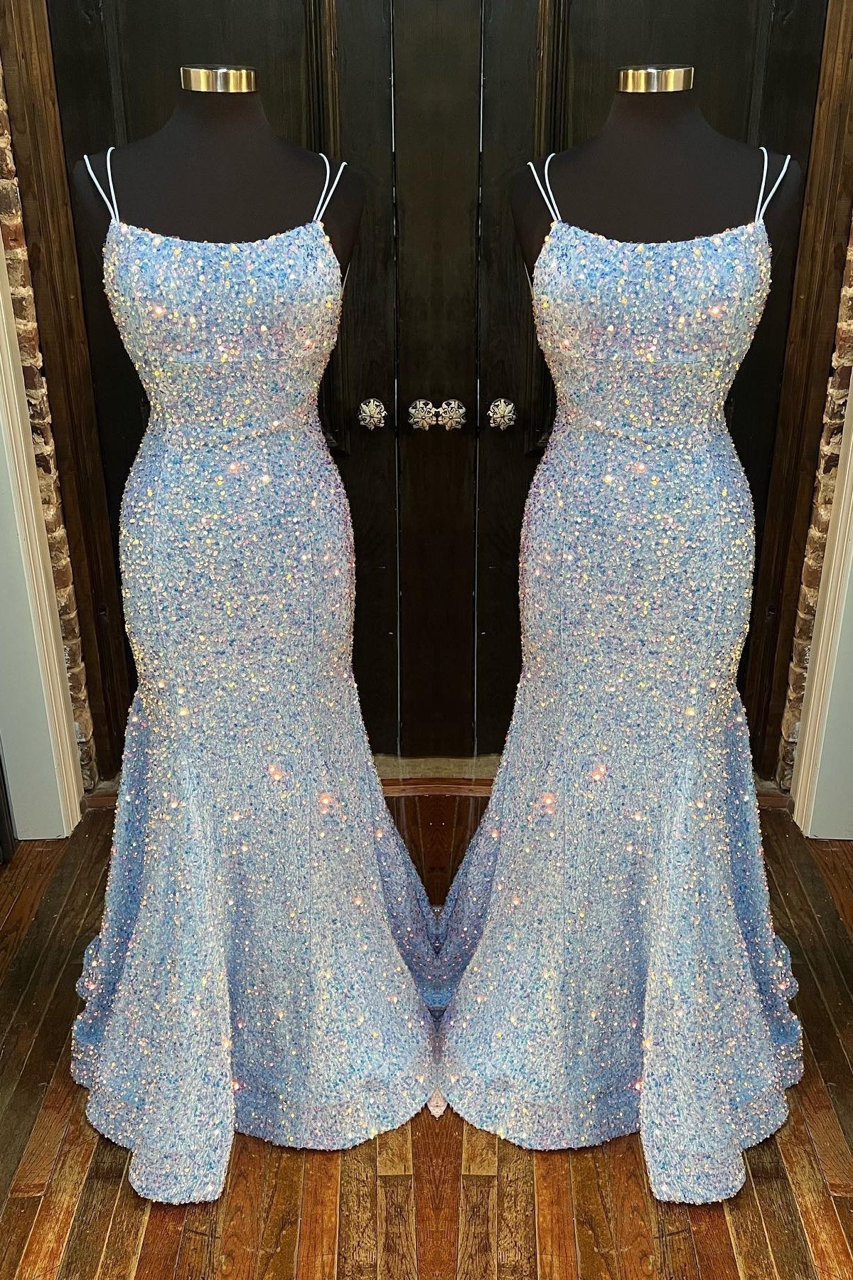 Sequin Purple Prom Dress Mermaid Long Formal Dress Scoop Neck - MyChicDress