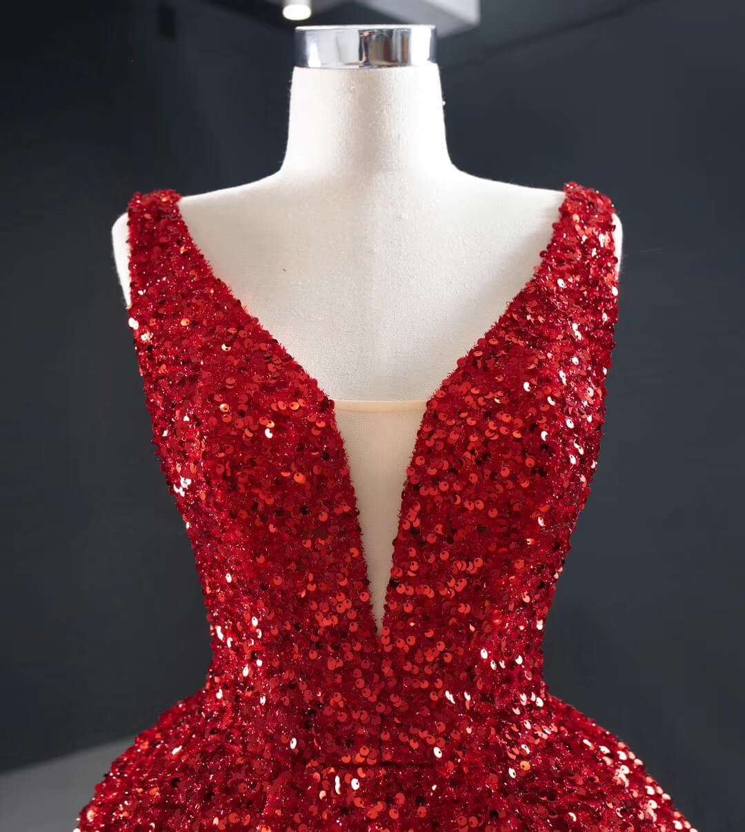 Sequins Asymmetrical Red Evening Dresses Sleeveless Deep-V Prom Formal Dress MyChicDress