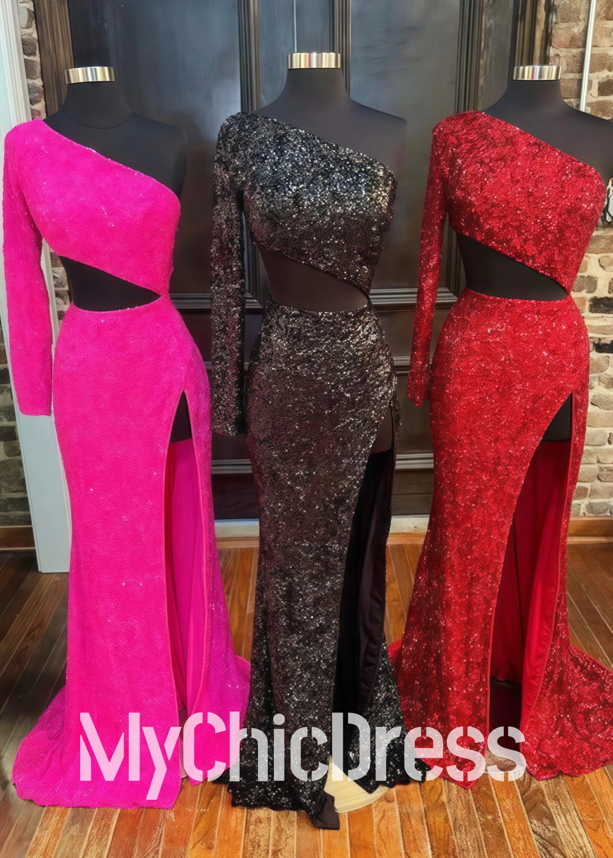 Vestidos formais pretos de manga única com lantejoulas e corte longo vestido de baile com fenda