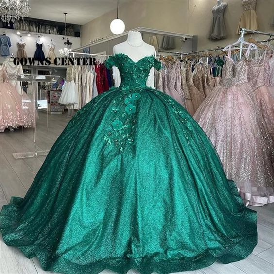 Sexy Emerald Green Quinceanera Dresses 3D Flowers Off the Shoulder Sequins Sweet 16 MyChicDress