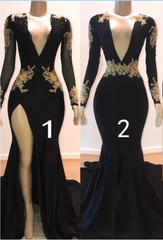 Sexy Long Sleeve Black Gold Prom Dresses 2024 V Neck Appliques Formal Dress MyChicDress