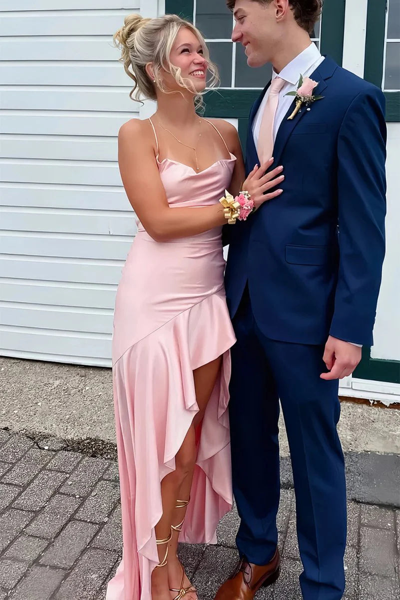 Sexy pink Satin High Low Prom Dress With Ruffles
