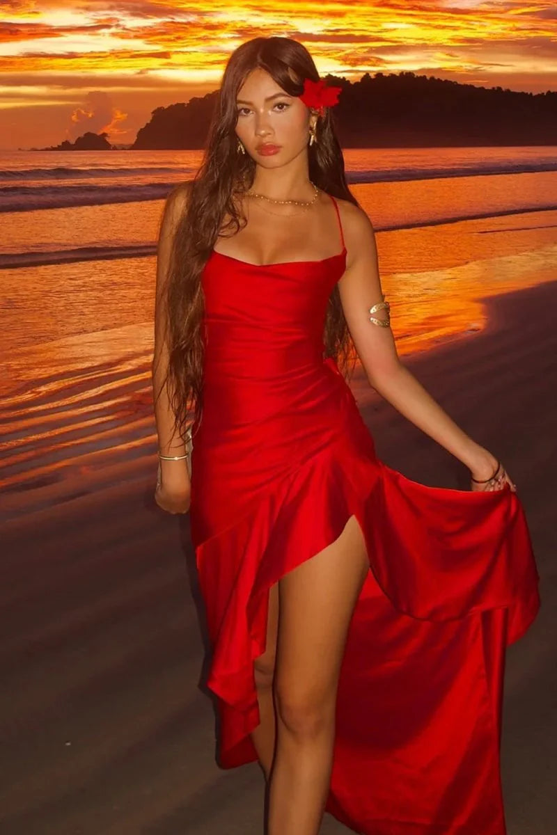 Sexy Satin Red High Low Prom Dress With Ruffles