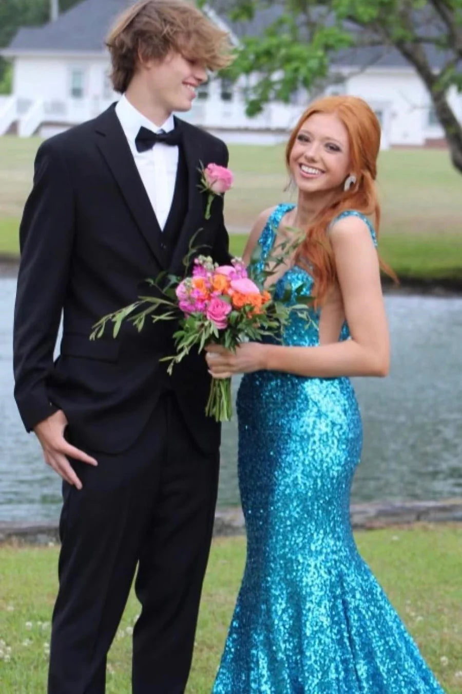 Sexy V-Neck Blue Sequin Prom Dress Mermaid Backless