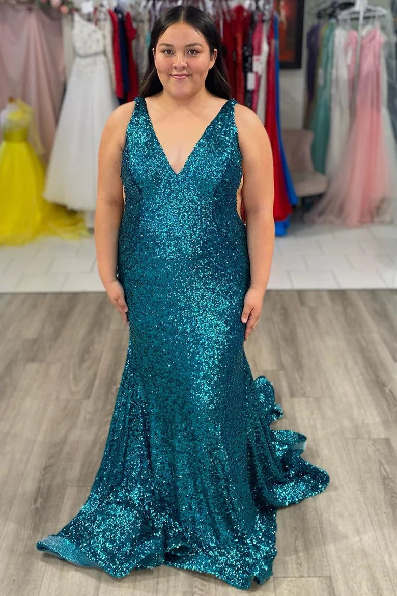 Sexy V-Neck Sequin Teal Prom Dress Mermaid