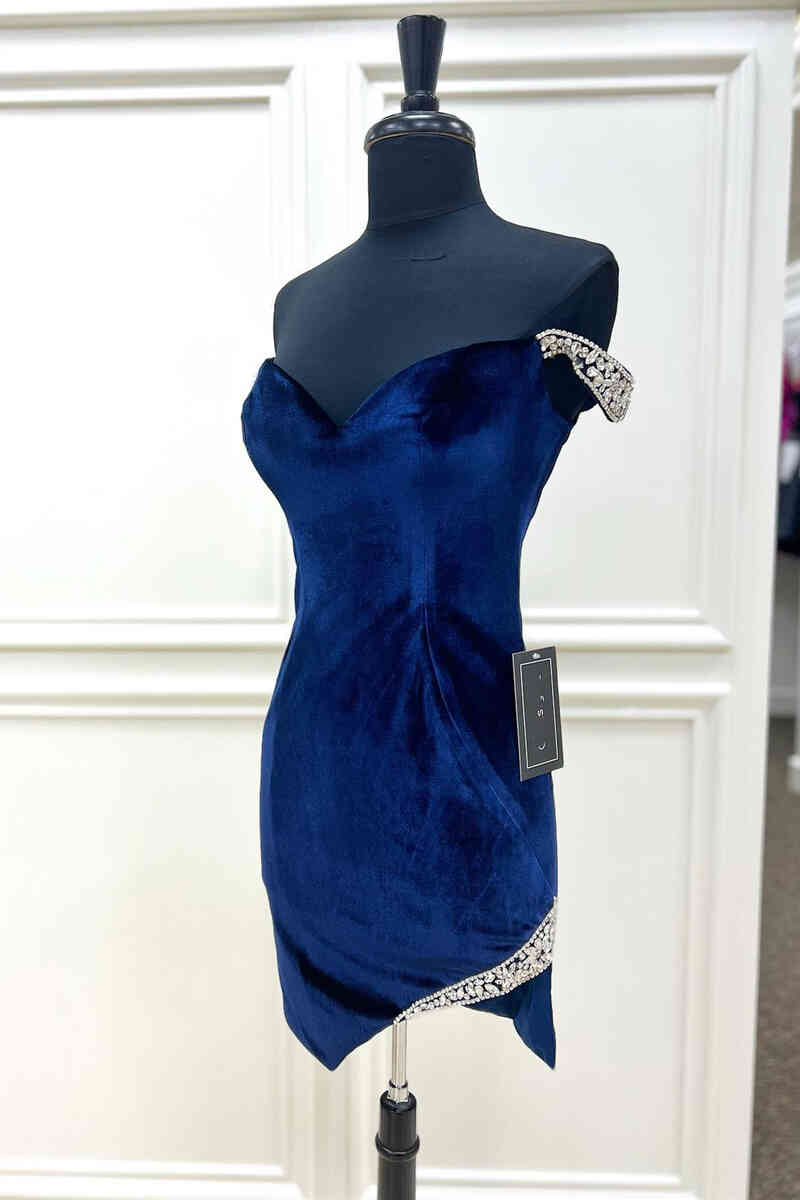 Sexy Velvet Navy Blue Homecoming Dress Tight Off shoulder Beaded Party Dress MyChicDress