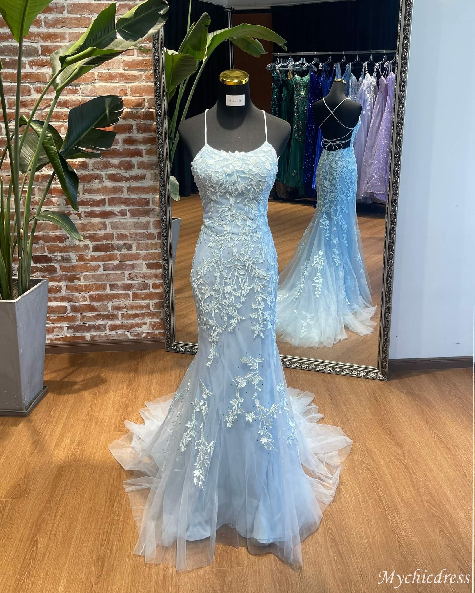 Sexy Blue Long Prom Dresses Lace Mermaid Evening Gown UK - MyChicDress