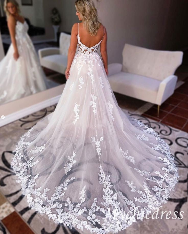 Sexy Country Wedding Dress Lace Appliqued A-line Bridal Gown