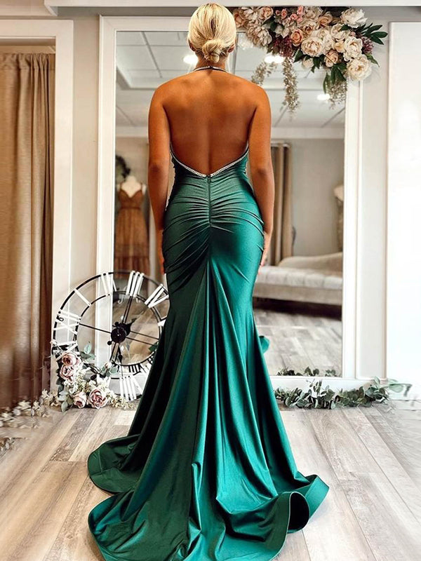 Sexy Emerald Green Halter Formal Dress Satin Prom Dress UK Beaded