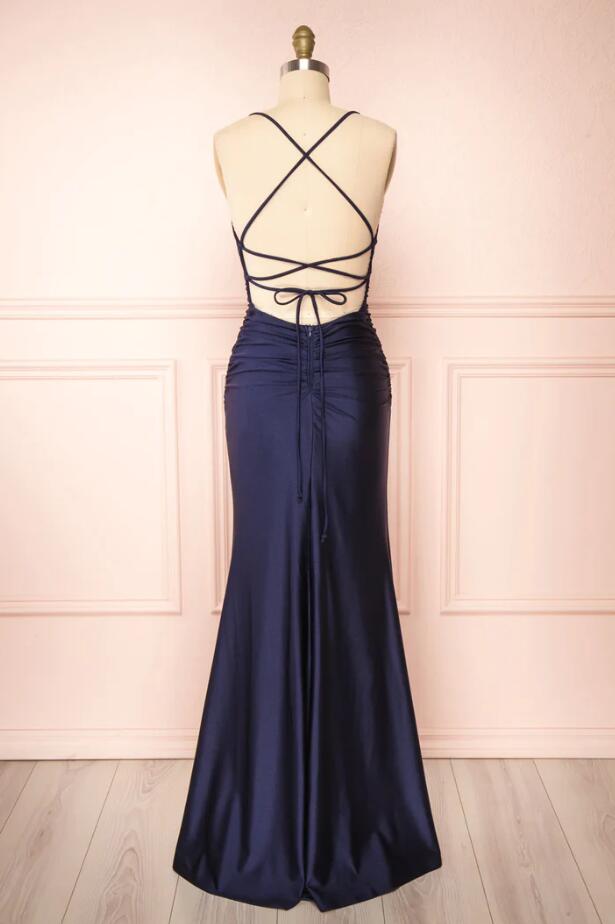 Sexy Halter Navy Blue Wedding Guest Dress Sleeveless With Split - MyChicDress
