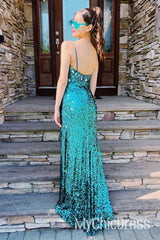 Sexy Long Green Metallic Prom Dress V-Neck Sequins Beaded