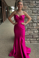 Sexy Hot Pink Strapless Prom Dress Mermaid Satin with Bow