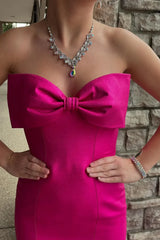 Sexy Hot Pink Strapless Prom Dress Mermaid Satin with Bow