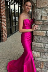 Sexy Hot Pink Strapless Prom Dress Mermaid Satin with Bow