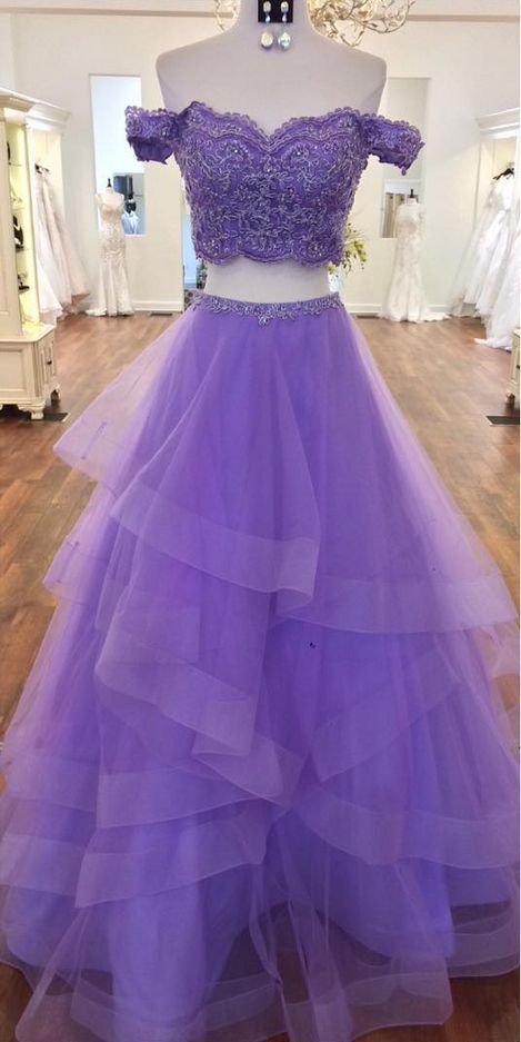 Sexy Violet Purple Prom Dresses two Piece A Line Off the shoulder - MyChicDress