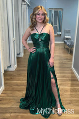 Sexy Metallic Prom Dresses Pleated Long Evening Gown Key Hole Slit
