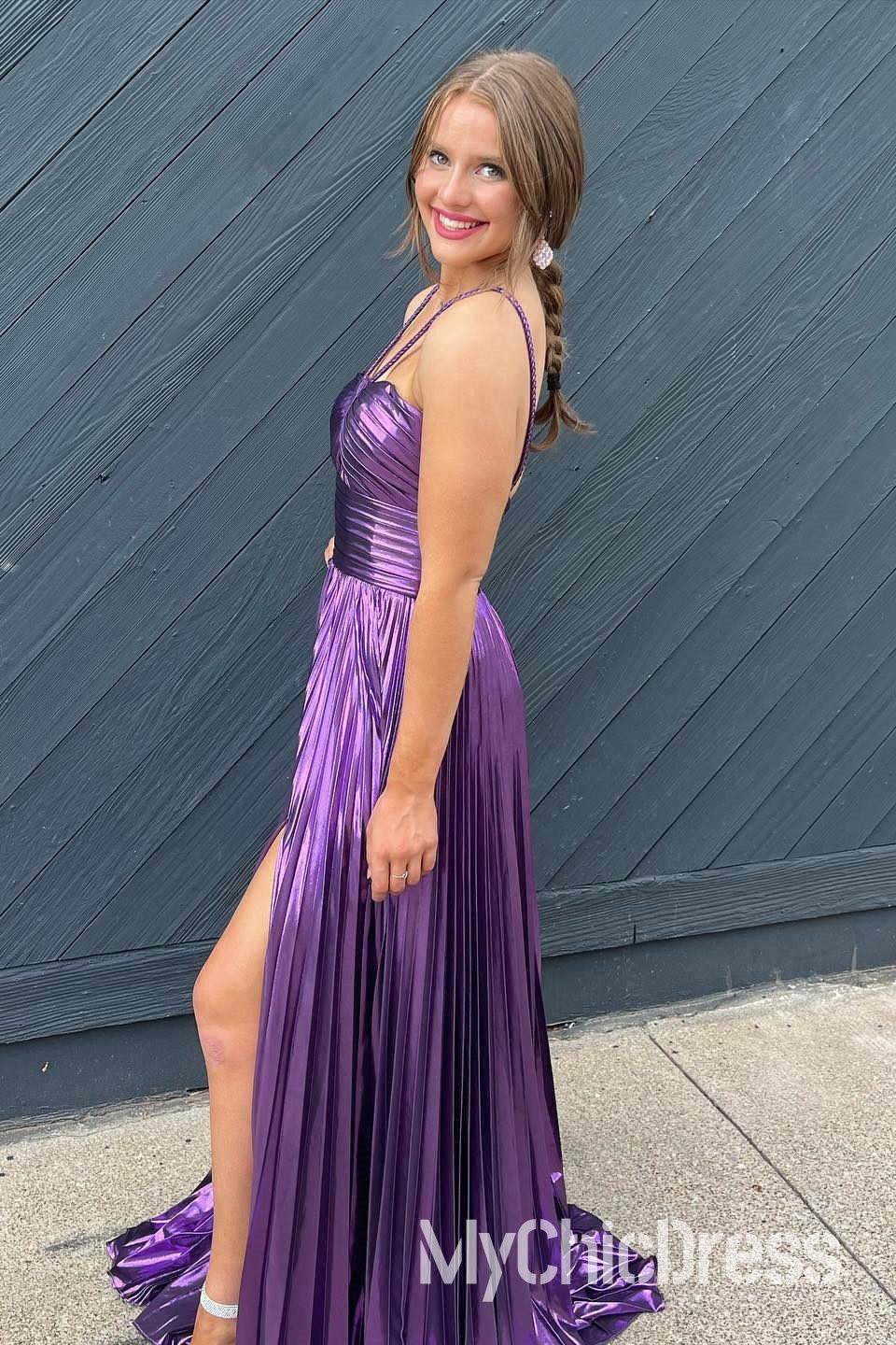 Sexy Metallic Prom Dresses Pleated Long Evening Gown Key Hole Slit