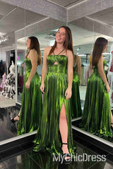 Sexy Metallic Prom Dresses Pleated Long Evening Gown Key Hole Slit
