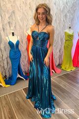 Sexy Metallic Prom Dresses Pleated Long Evening Gown Key Hole Slit