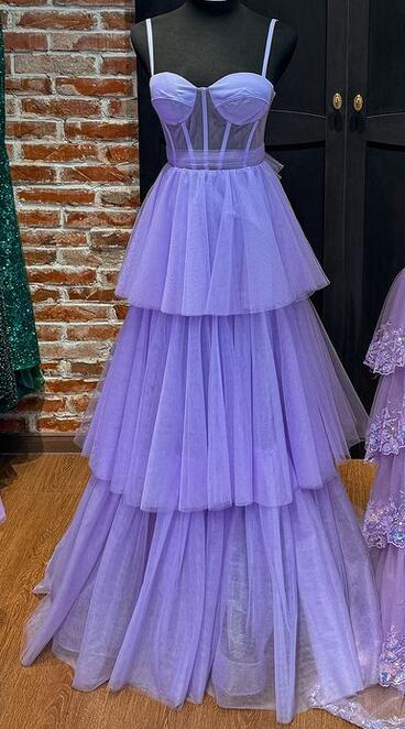 Sheath Lavender Tulle Tiered Prom Dress Long with Layered Skirt MyChicDress