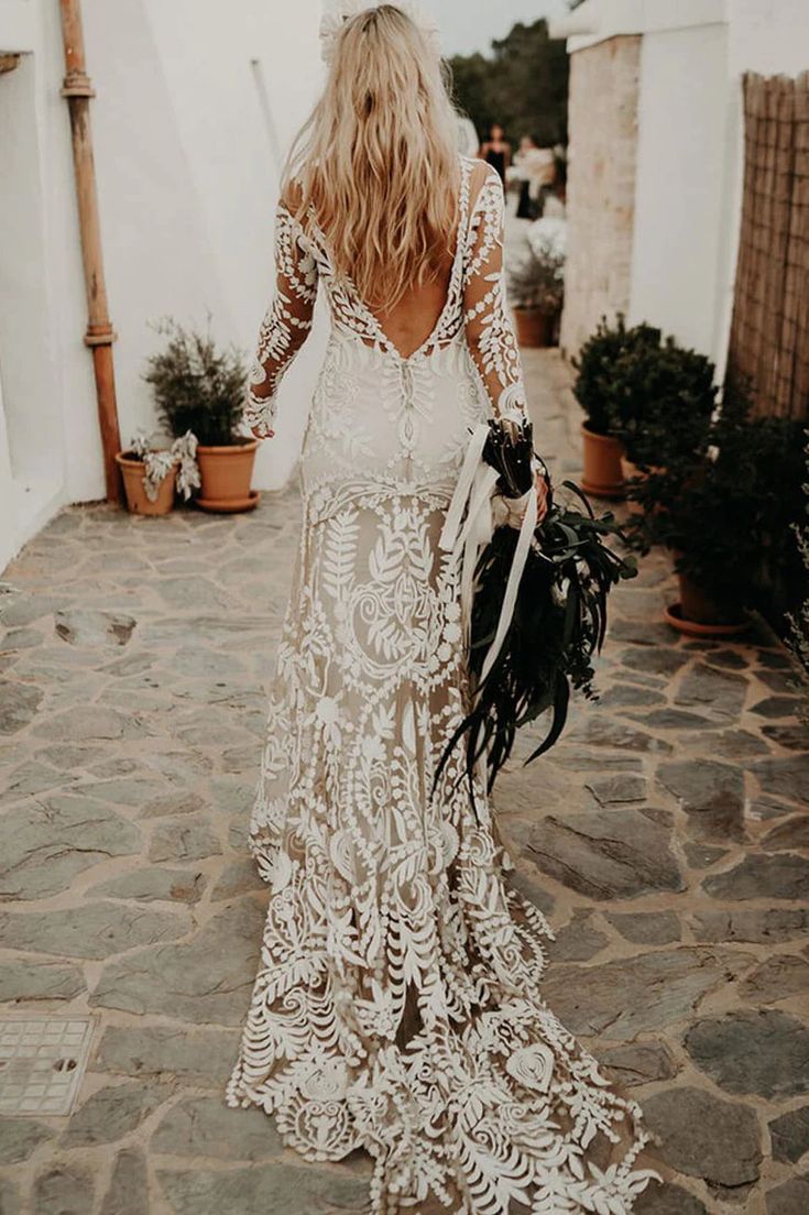 Sheath Long Sleeve Beach Lace Bridal Dress Boho Summer Wedding Dress MyChicDress