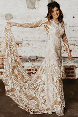 Sheath Long Sleeve Beach Lace Bridal Dress Boho Summer Wedding Dress MyChicDress