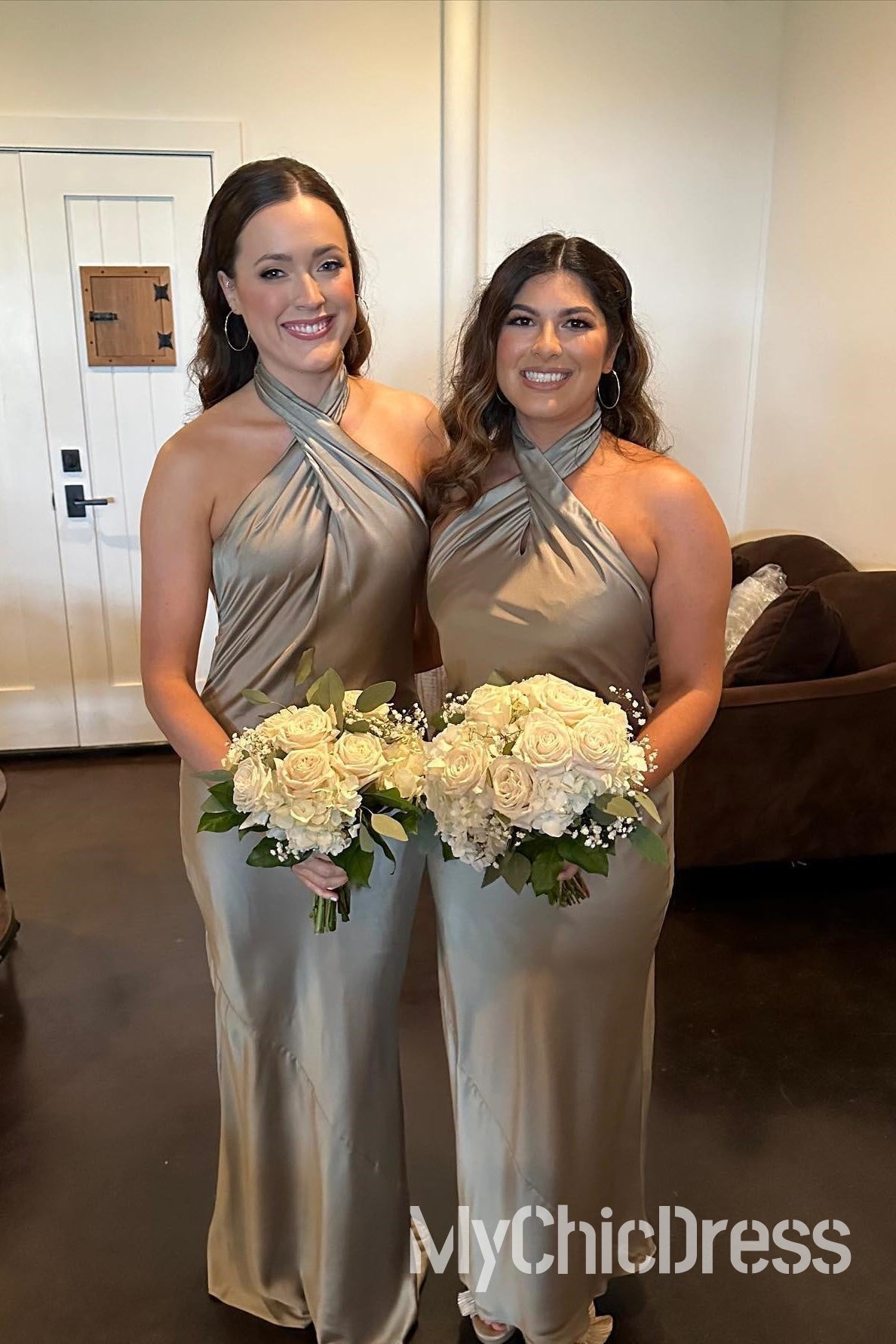 Sheath Halter Champagne Wedding Party Dress Long