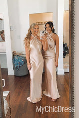 Sheath Halter Champagne Wedding Party Dress Long