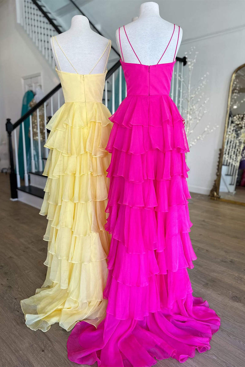 Sheath Hot Pink Chiffon Tiered Prom Dresses 2025 V Neck - MyChicDress