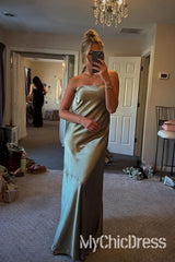 Sheath Long Strapless Olive Green Satin Formal Bridesmaid Dress