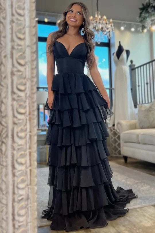 Bainha rosa choque chiffon em camadas vestidos de baile 2024 decote em V