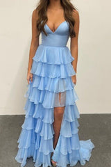Sheath Hot Pink Chiffon Tiered Prom Dresses 2025 V Neck - MyChicDress