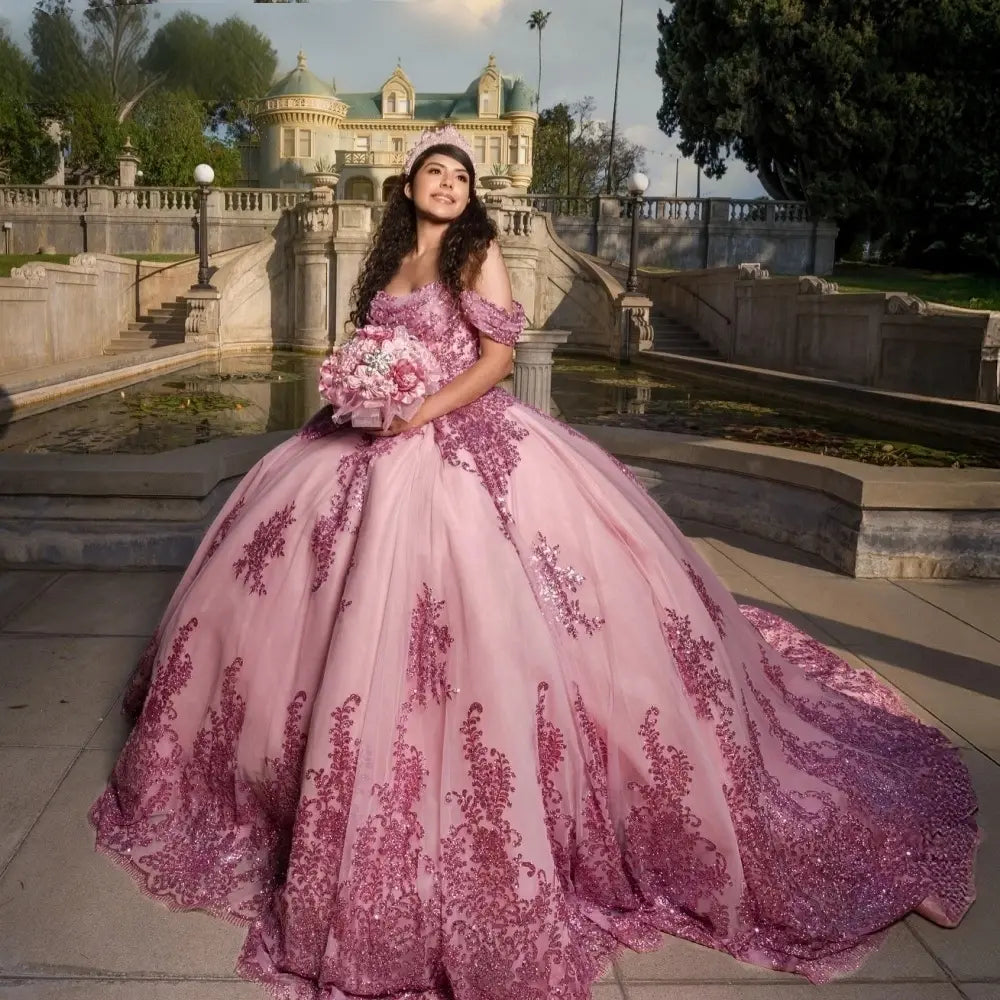 Shiny Red Off-Shoulder Quinceanera Dress Lace Applique With Bow