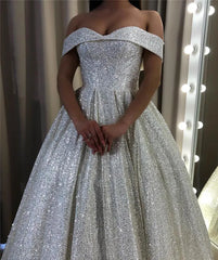 Shiny Silver Sequin Wedding Dresses Off the Shoulder Country Garden Bridal Gown MyChicDress