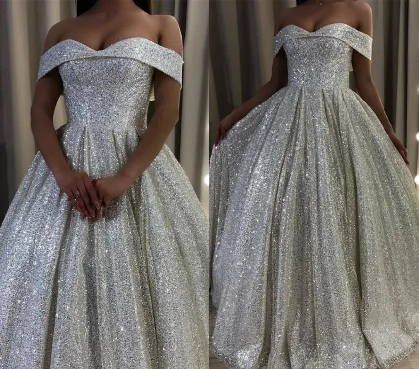 Shiny Silver Sequin Wedding Dresses Off the Shoulder Country Garden Bridal Gown MyChicDress