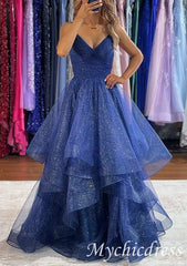 Shiny V Neck Navy Blue Long Prom Dresses Puffy - MyChicDress