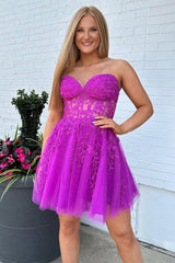 Short Fuchsia Lace Homecoming Dress Strapless Sweetheart Graduation Dress MyChicDress