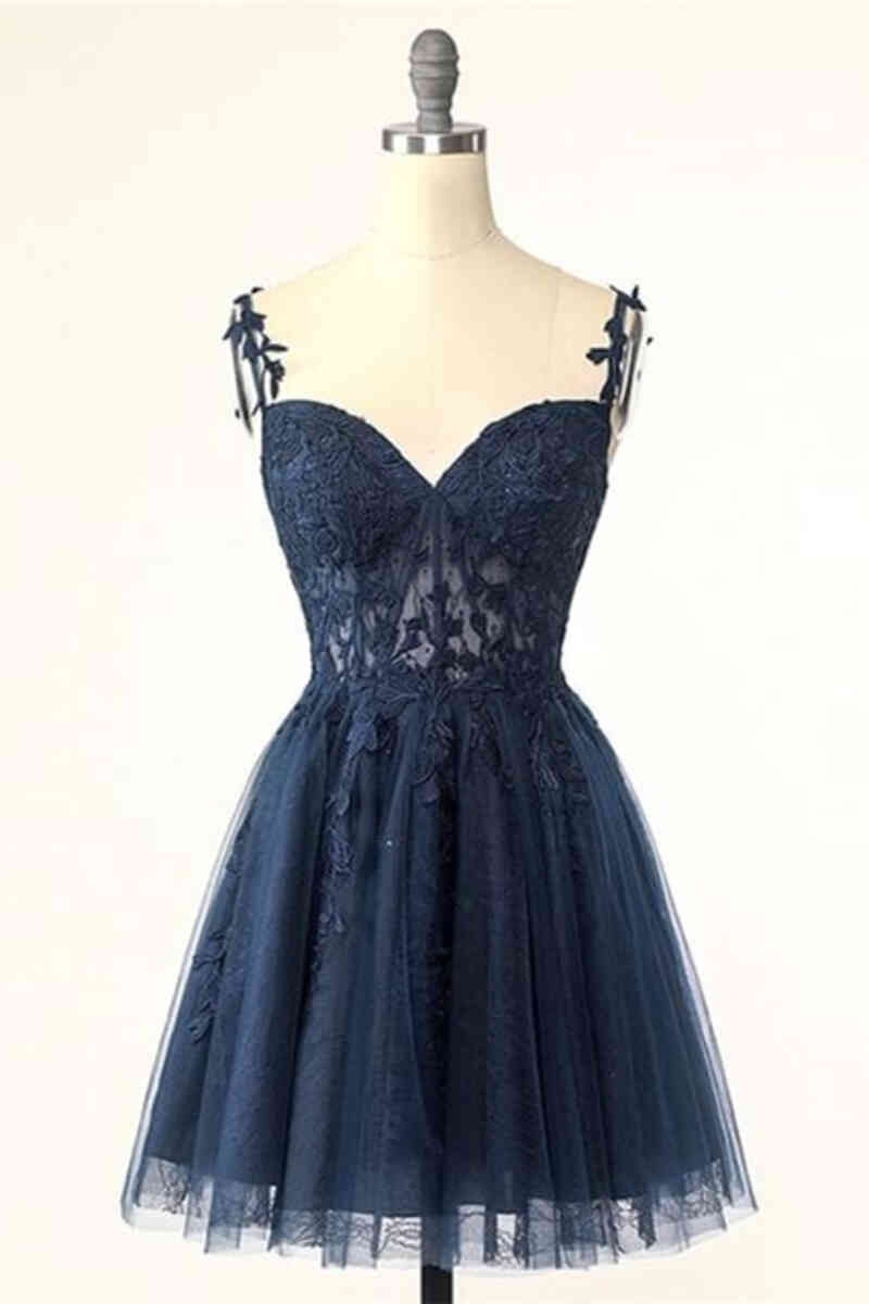 Short Navy Blue Homecoming Dresses Lace Wedding Guest Dress MyChicDress