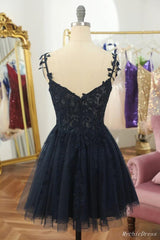 Short Navy Blue Homecoming Dresses Lace Wedding Guest Dress MyChicDress