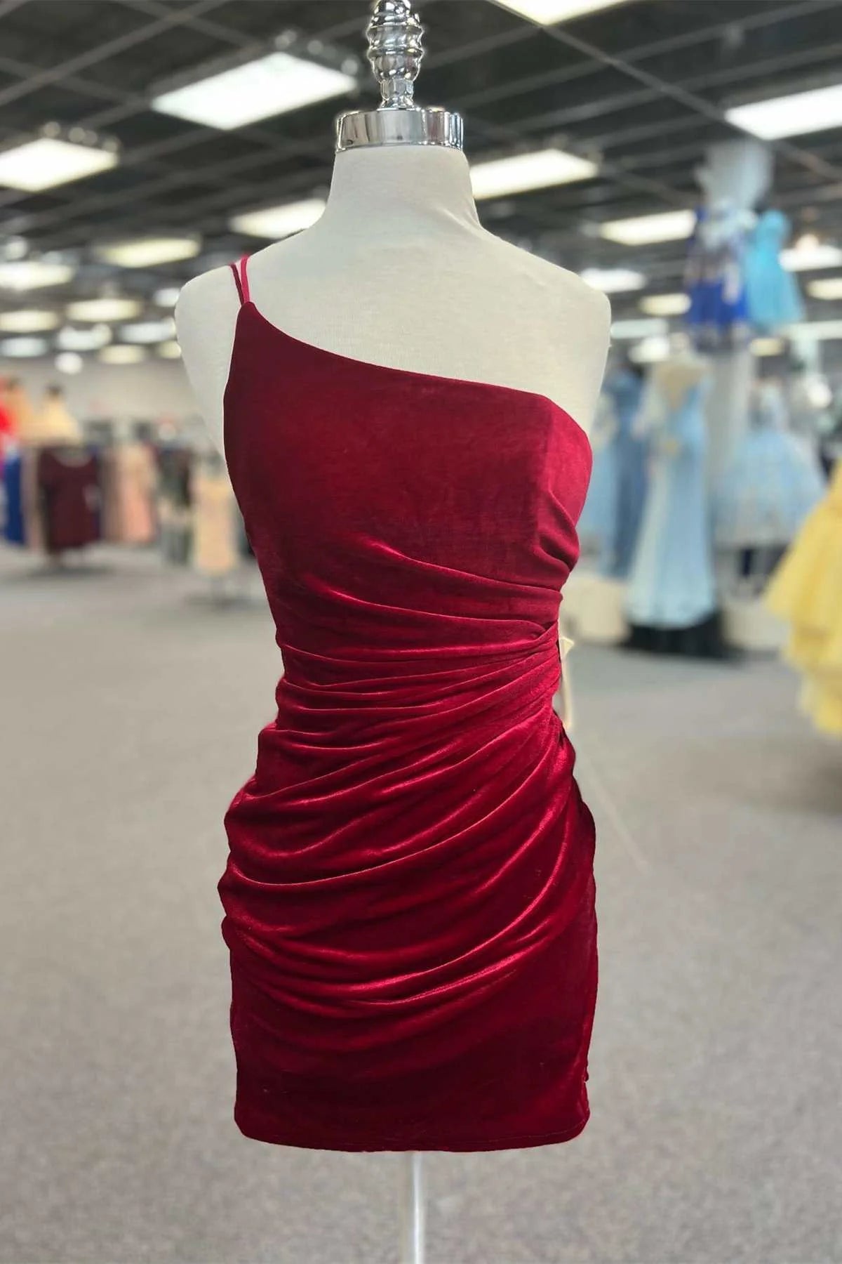 Short Red Velvet Winter Bodycon Formal Dress Double Straps Pleated MyChicDress