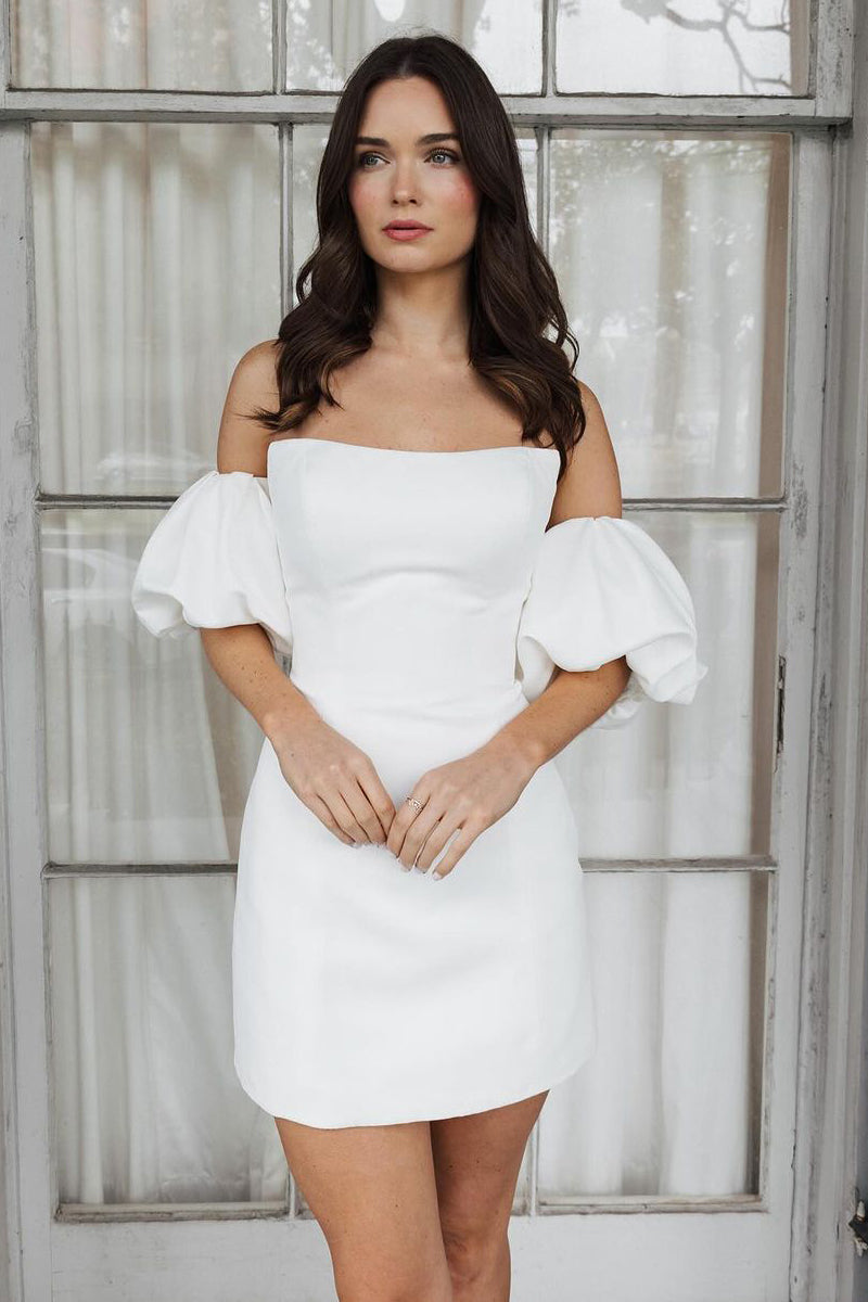 Short Satin White Wedding Dress Strapless Bubble Sleeves MyChicDress