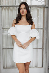 Short Satin White Wedding Dress Strapless Bubble Sleeves MyChicDress