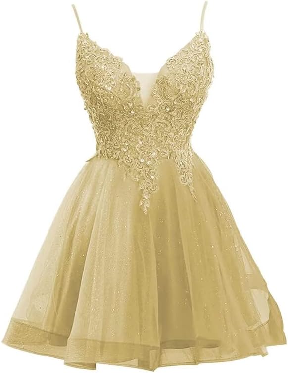 Short Lace Champagne Homecoming Dress V Neck Tulle Quinceanera Dama Dresses - MyChicDress