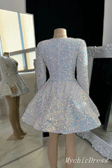 Short Long Sleeves Sequin Prom Dresses V Neck Glitter Mini Hoco Dress 2024